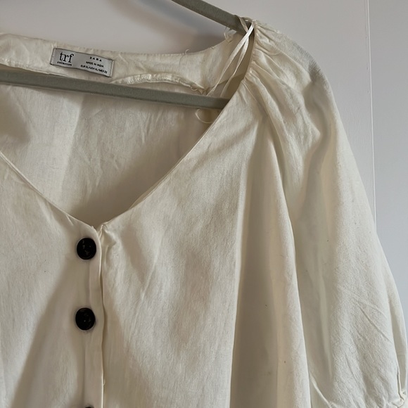 Zara Cream Linen Button Front Puff Sleeve Blouse - Picture 3 of 7